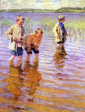 Nikolay Petrovich Bogdanov Belsky Painting - una tarde de pesca Nikolay Bogdanov Belsky